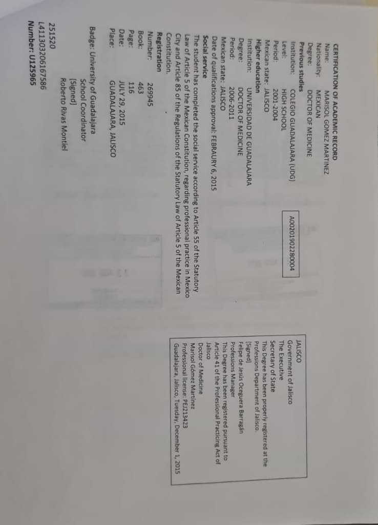 Dr. Marisol Gomez Certification 4